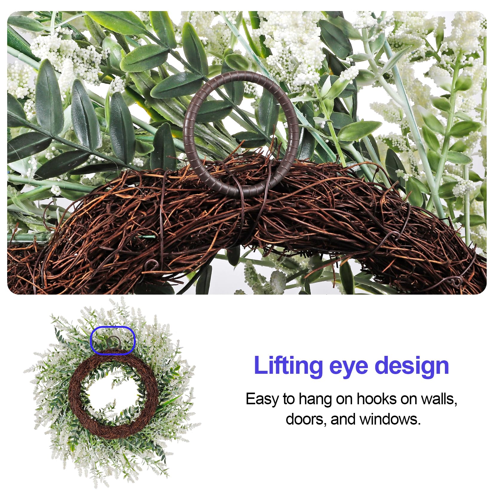 NIOPELO outdoor-friendly lavender-eucalyptus wreath for porch.