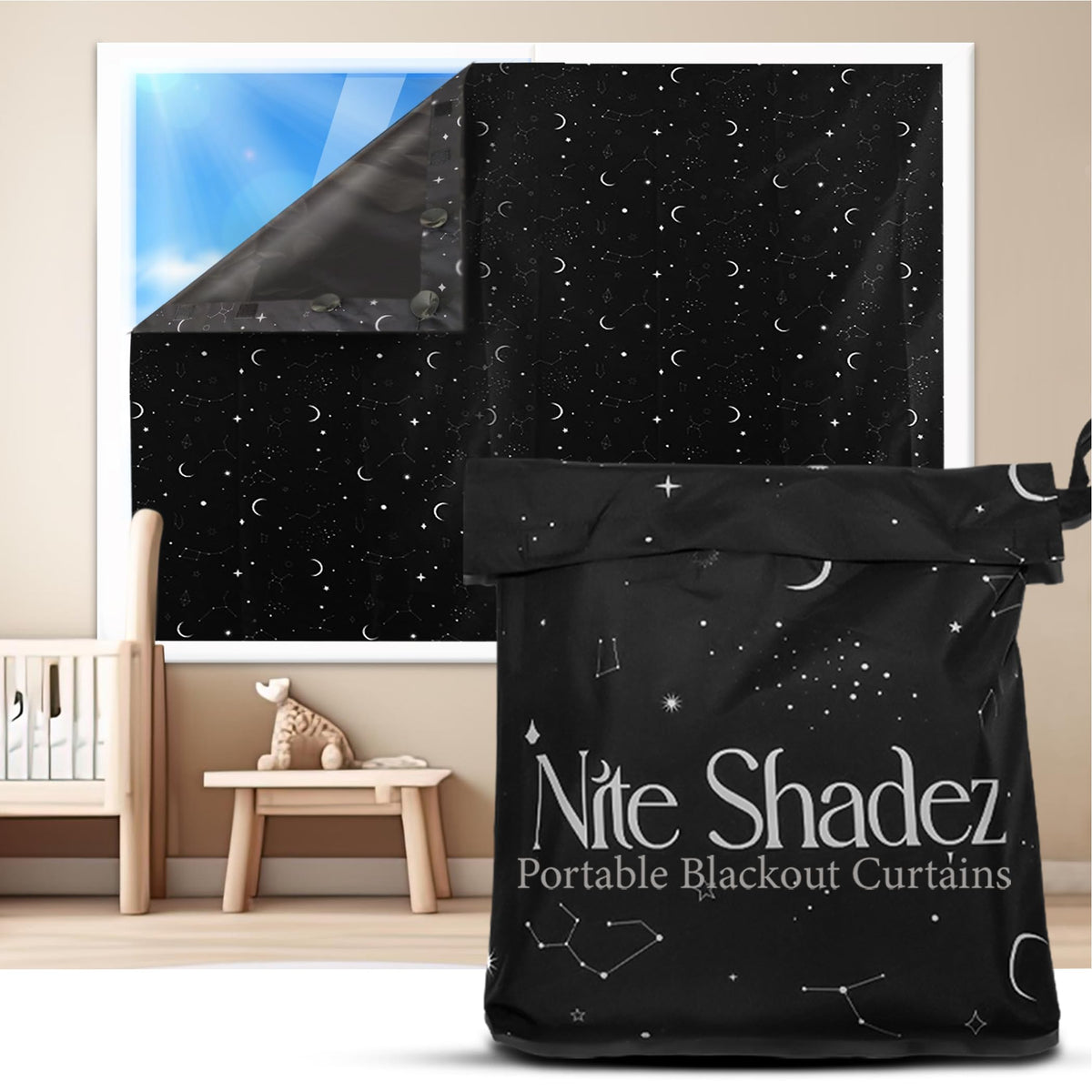 Nite Shadez portable blackout curtains installed on window for deep sleep.