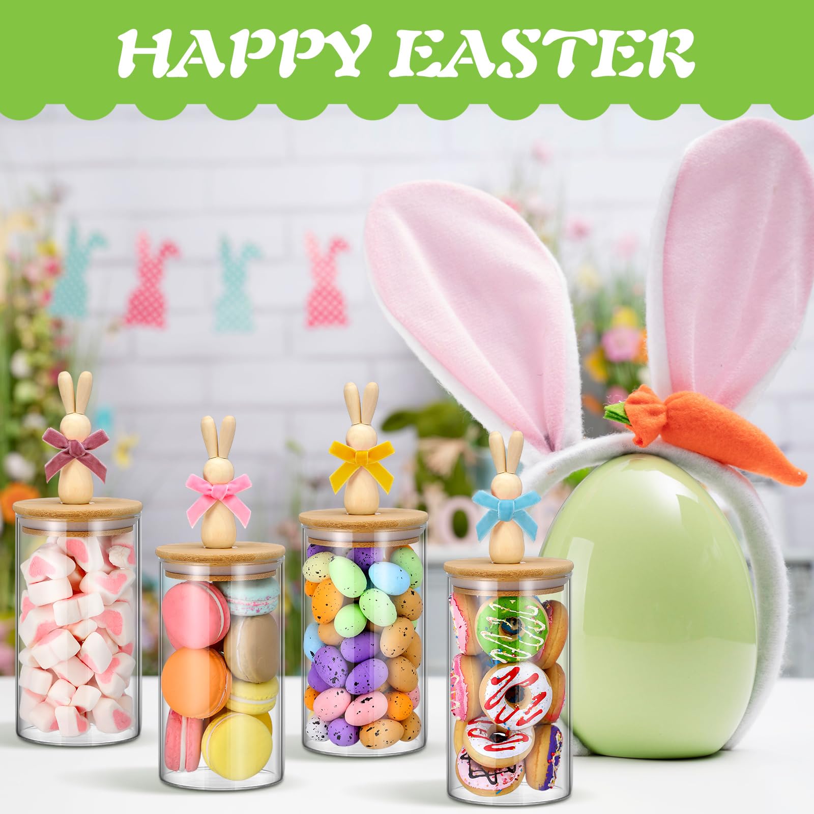 Nitial bunny-ear cap jar on shelf adds decorative warmth to any room.