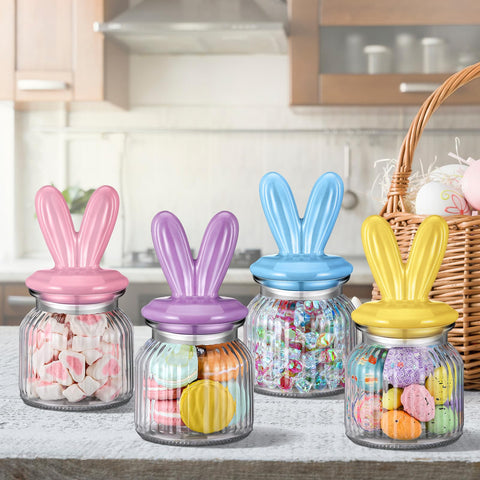 Nitial Easter bunny jar pink with ceramic lid, adds festive table color