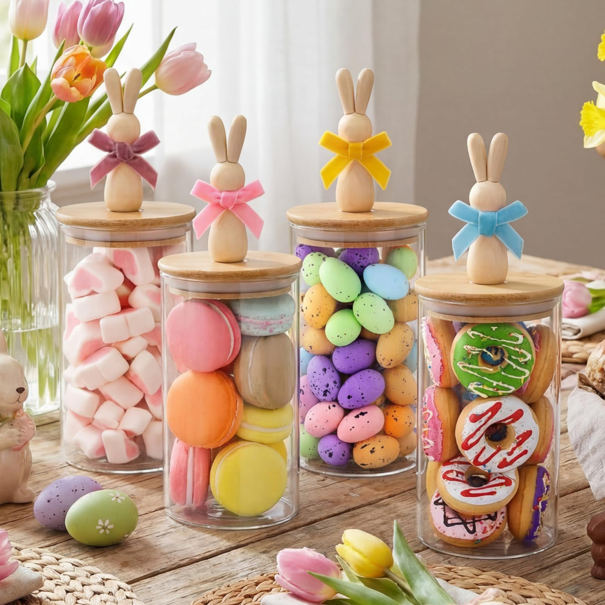 Nitial Easter bunny jar set front view, ideal as a festive centerpiece.