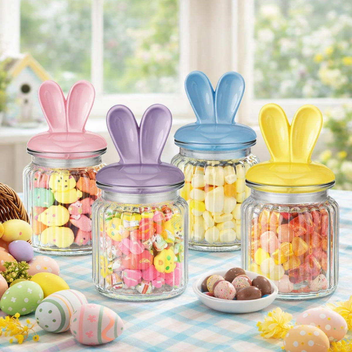 Nitial Easter bunny jar yellow with ceramic lid, ideal for spring candy storage