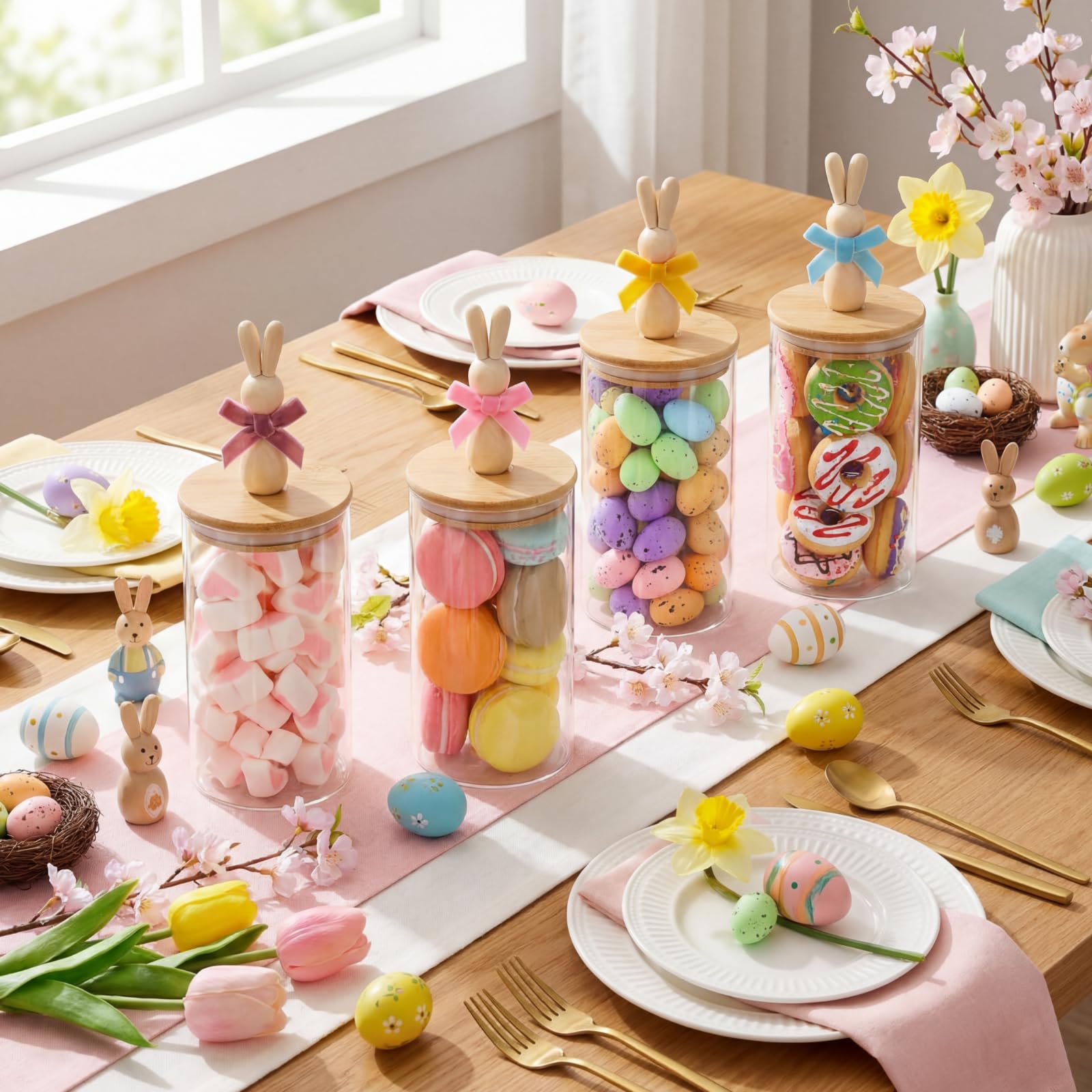 Nitial Easter jars on a table, enhancing party ambiance and cheer.