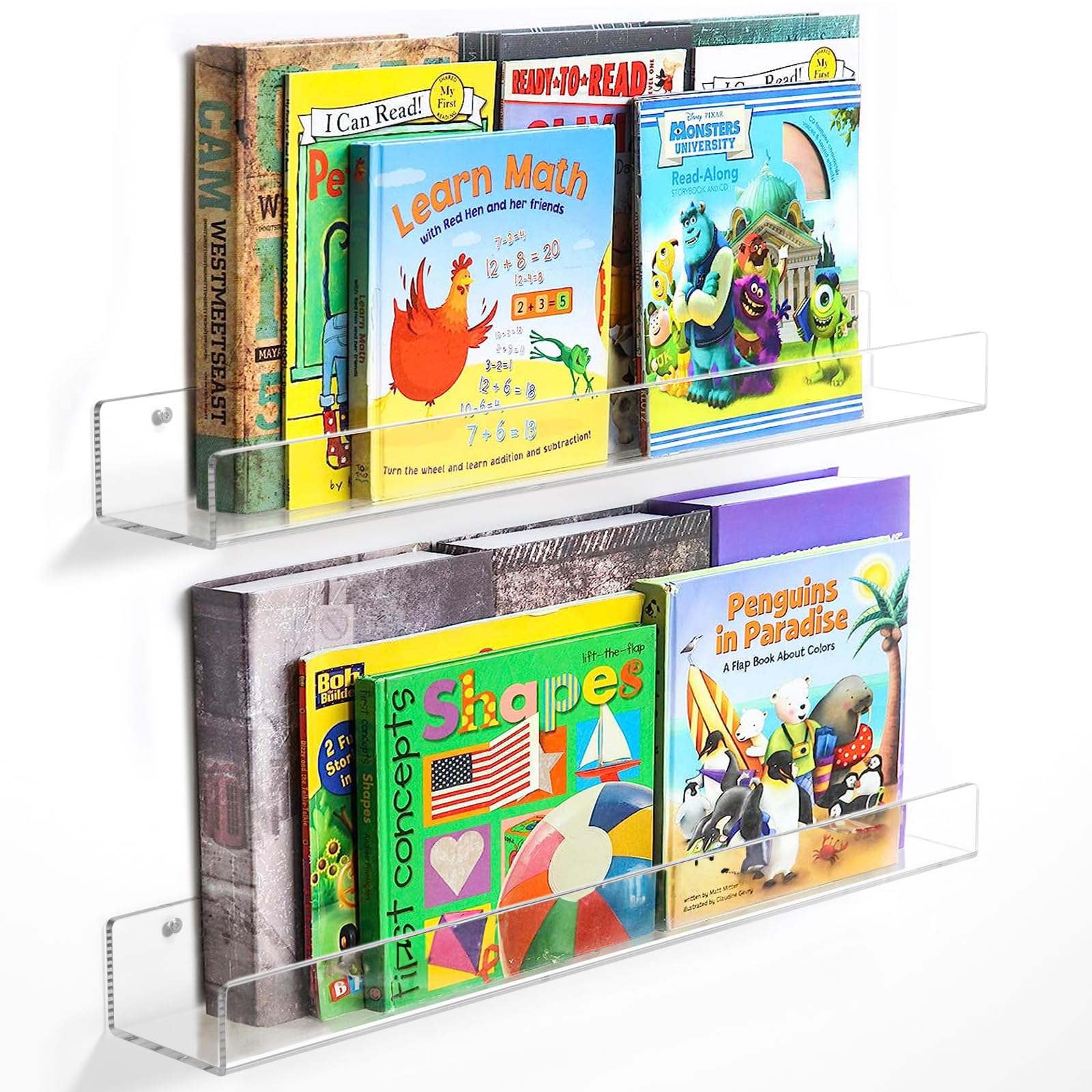 NIUBEE 24-inch acrylic kids floating shelves—2-pack keep growing book collections organized and accessible.