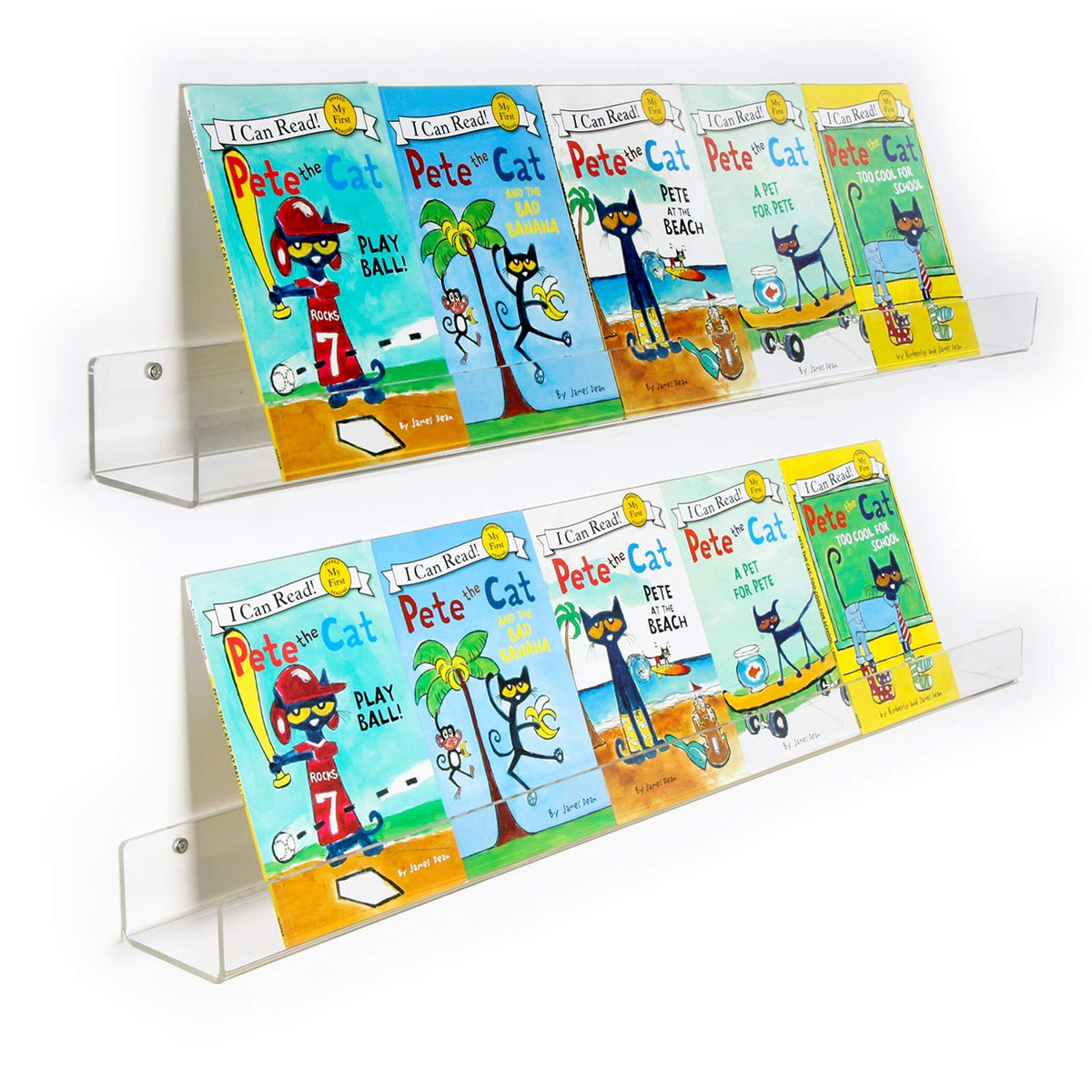 Niubee 36-inch acrylic floating shelf for kids displays storybooks.