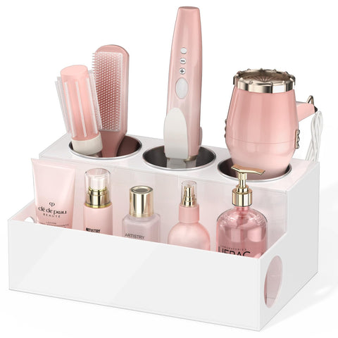 NIUBEE acrylic hair dryer holder in front view for tidy vanity storage