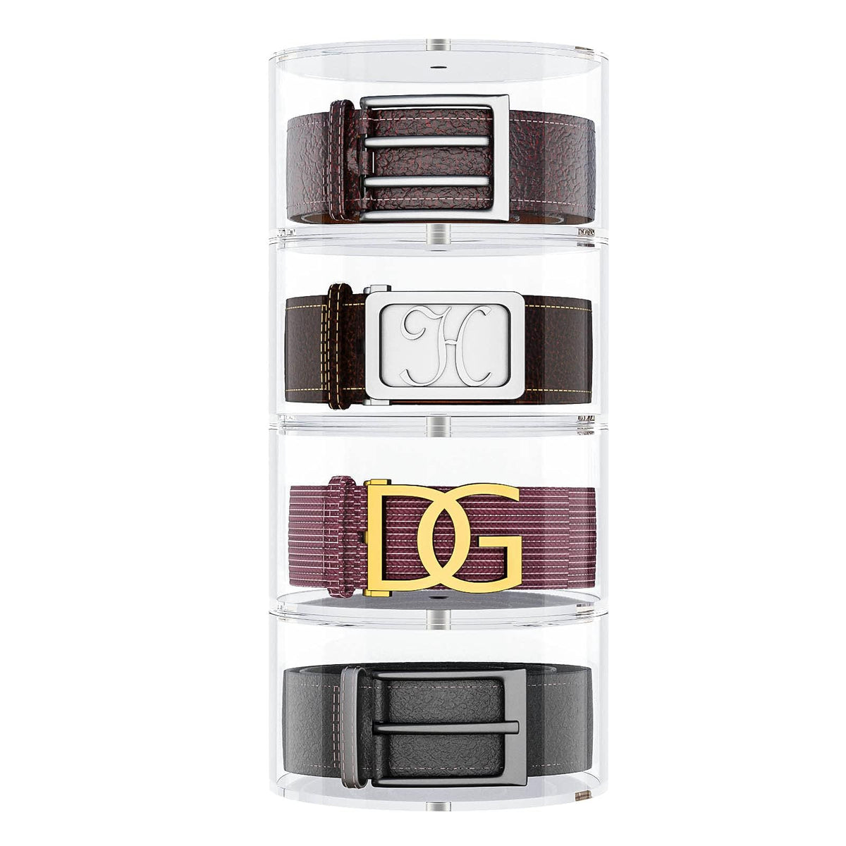 NIUBEE belt organizer with four-layer acrylic lid for easy belt selection.