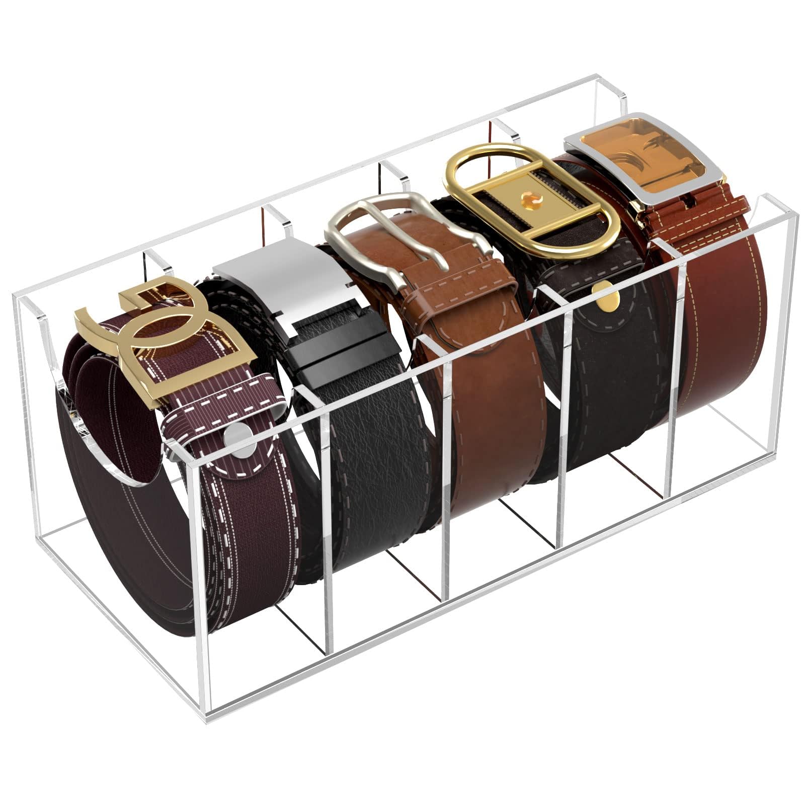 NIUBEE belt organizer with five compartments keeps belts neatly displayed