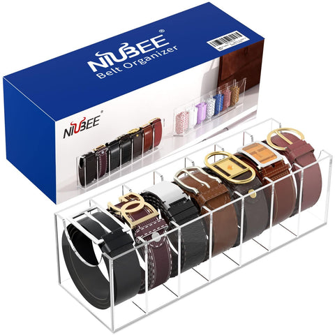 NIUBEE belt organizer in clear acrylic provides crystal-clear visibility.