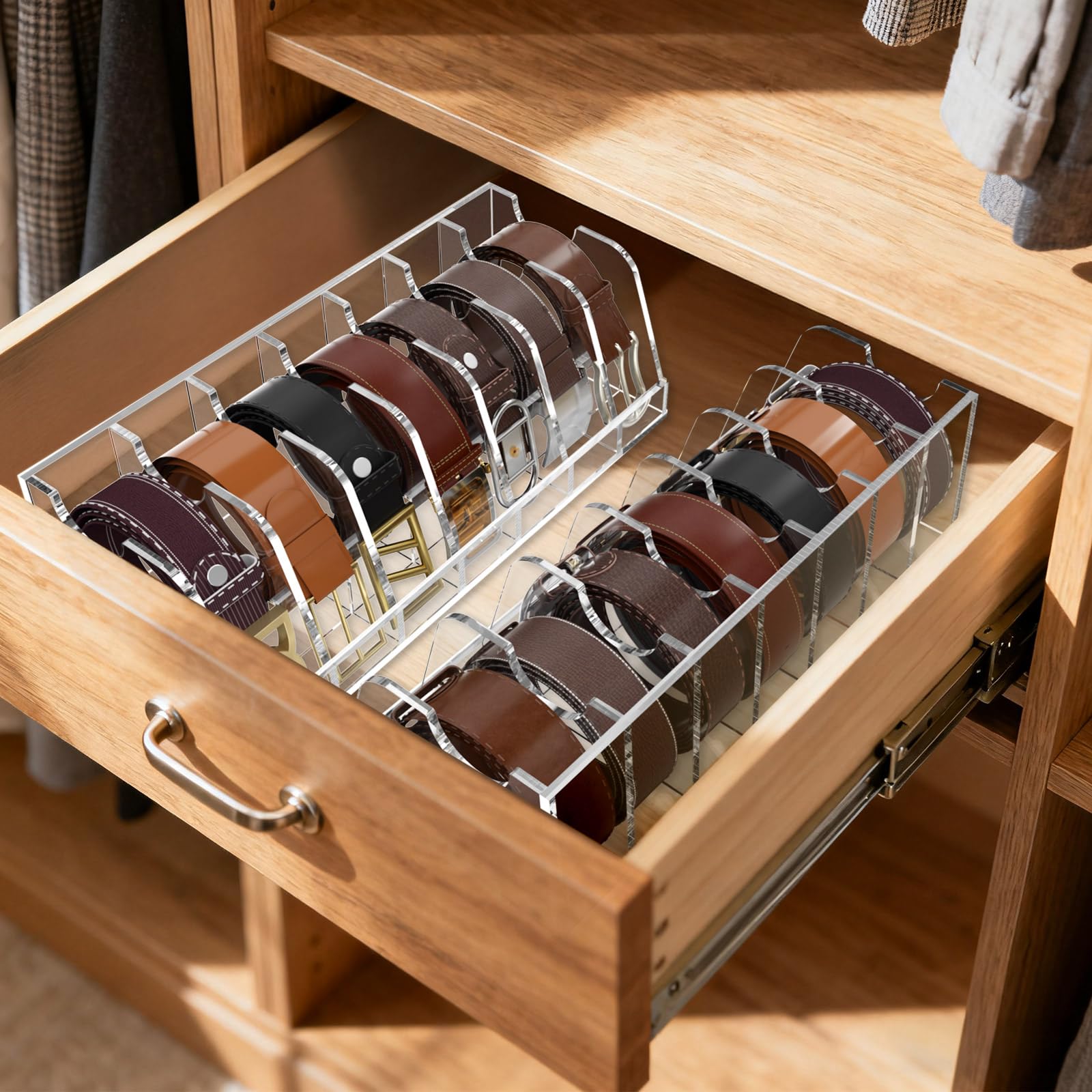 NIUBEE belt organizer placed in a drawer for space-saving storage.