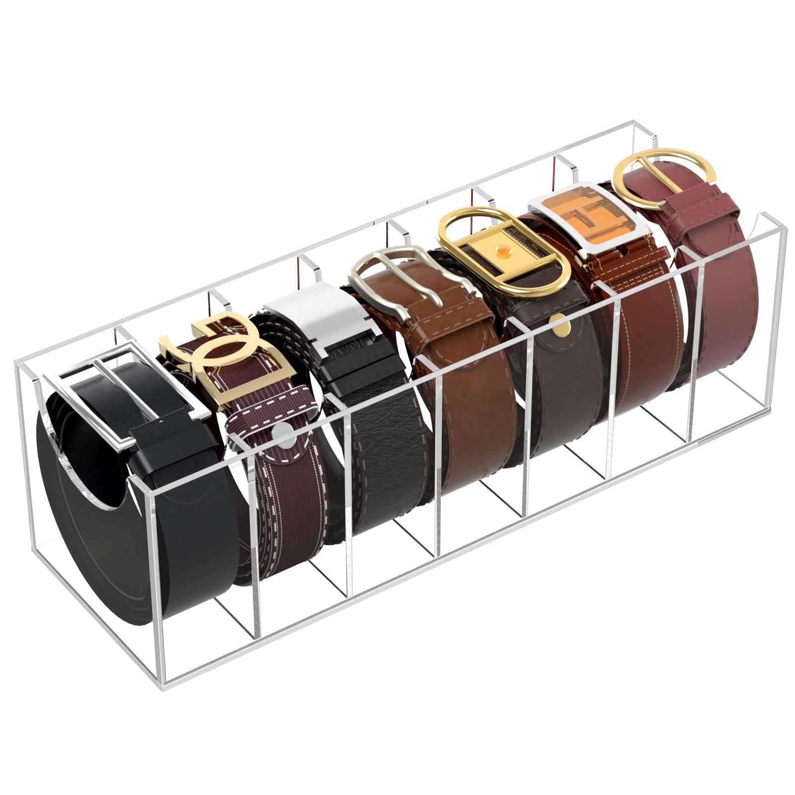 NIUBEE belt organizer front view showing seven compartments for tidy storage.
