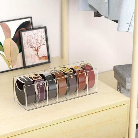 NIUBEE belt organizer accommodates large buckles for neat, secure storage.