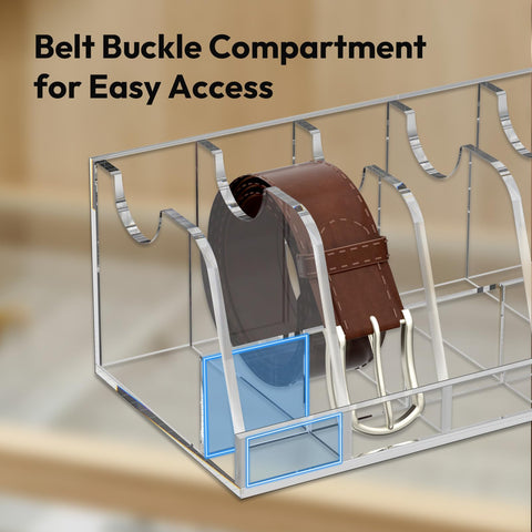 NIUBEE belt organizer with seven compartments organizes belts by length for easy selection.