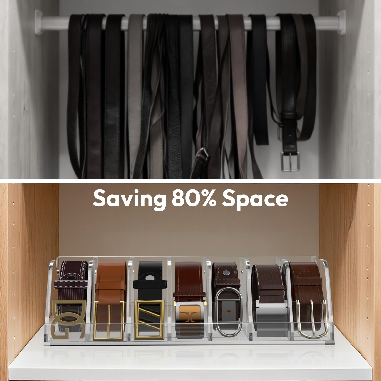 NIUBEE belt organizer on a table for convenient outfit pairing.