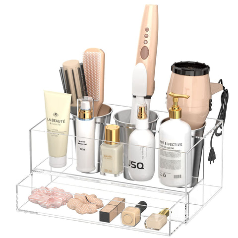 NIUBEE hair tool organizer on a bathroom counter keeps tools tidy and accessible.