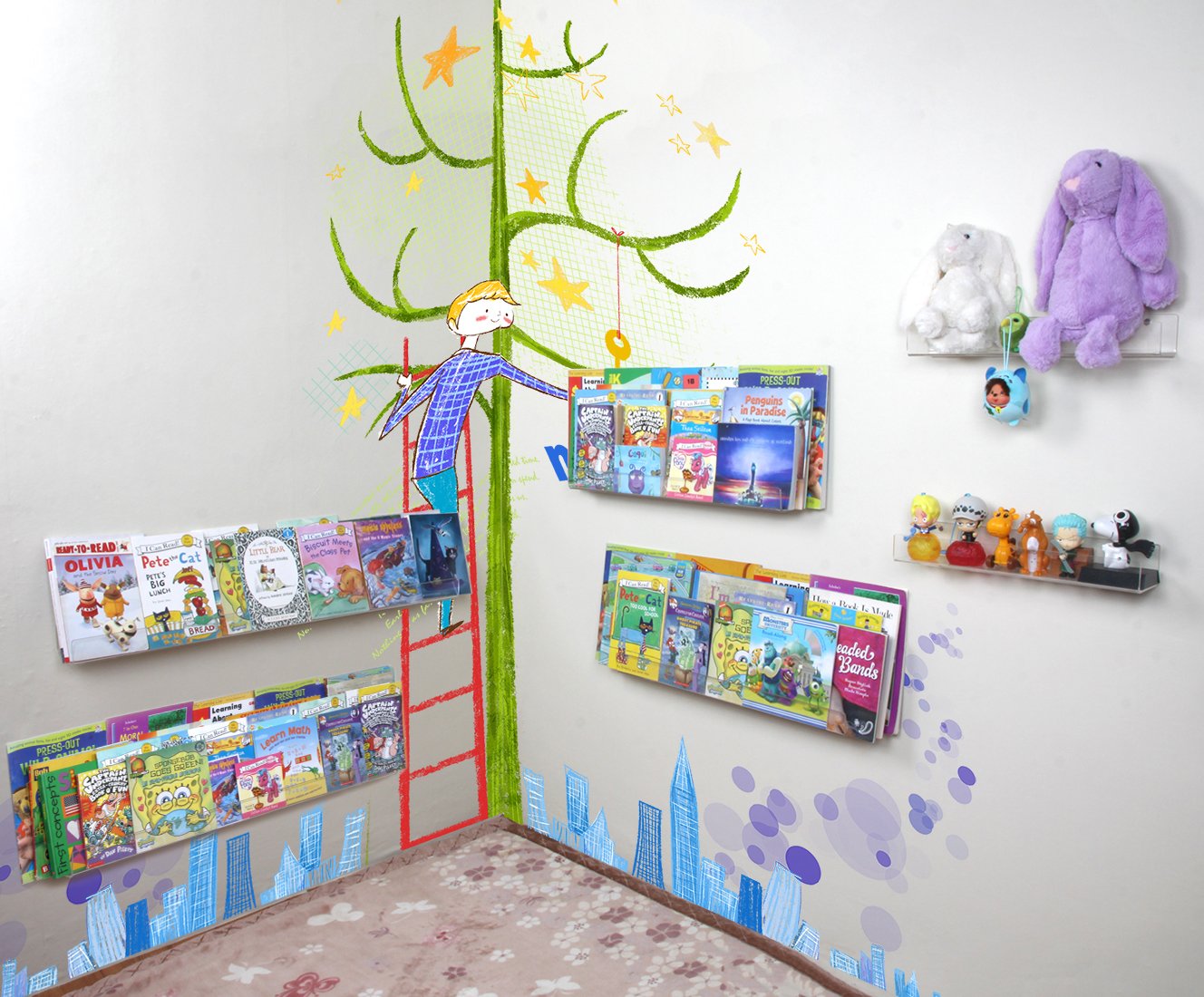 Niubee kid-friendly reading nook with organized display.