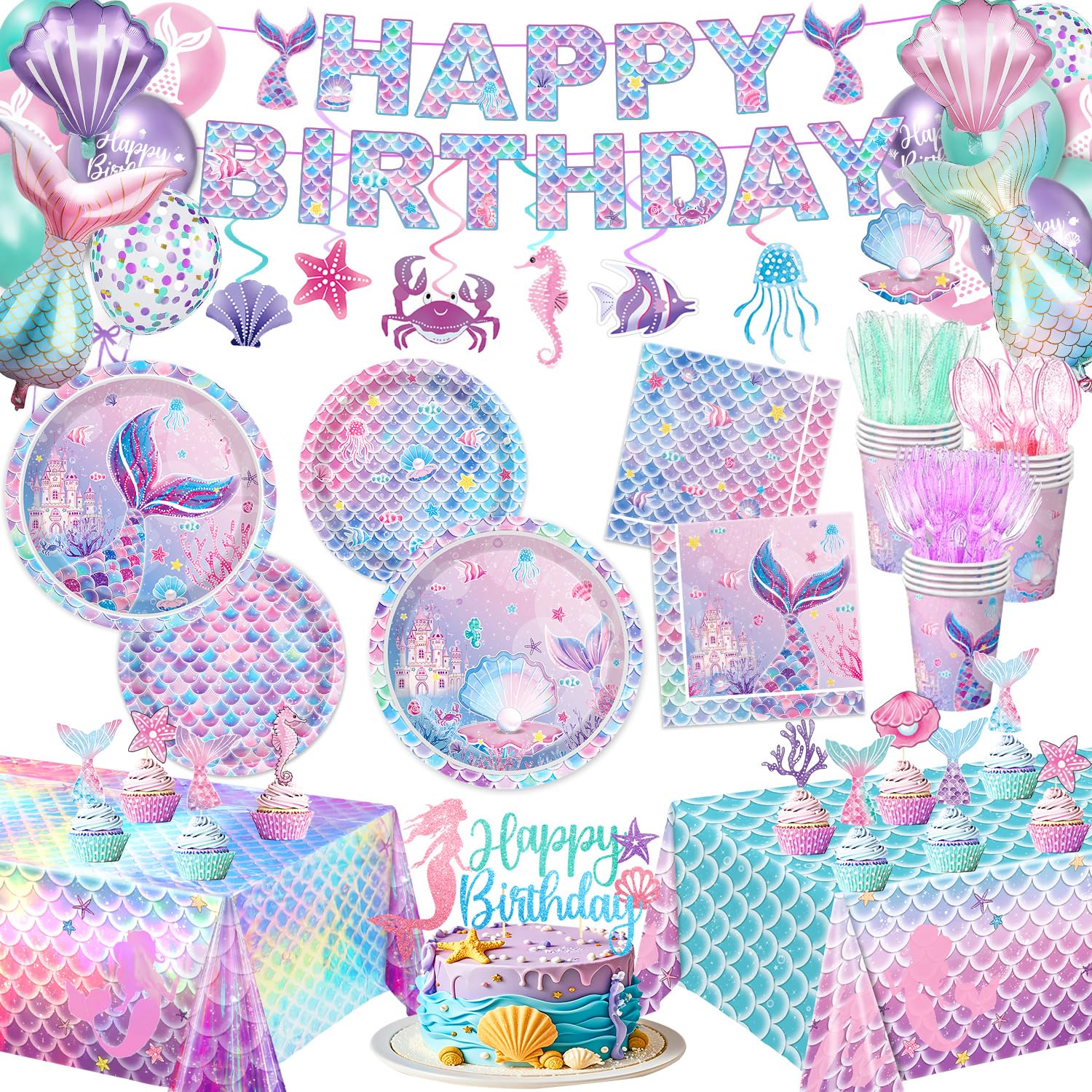 NKPDAXM mermaid birthday plates feature ocean-inspired patterns for a cohesive tablescape.