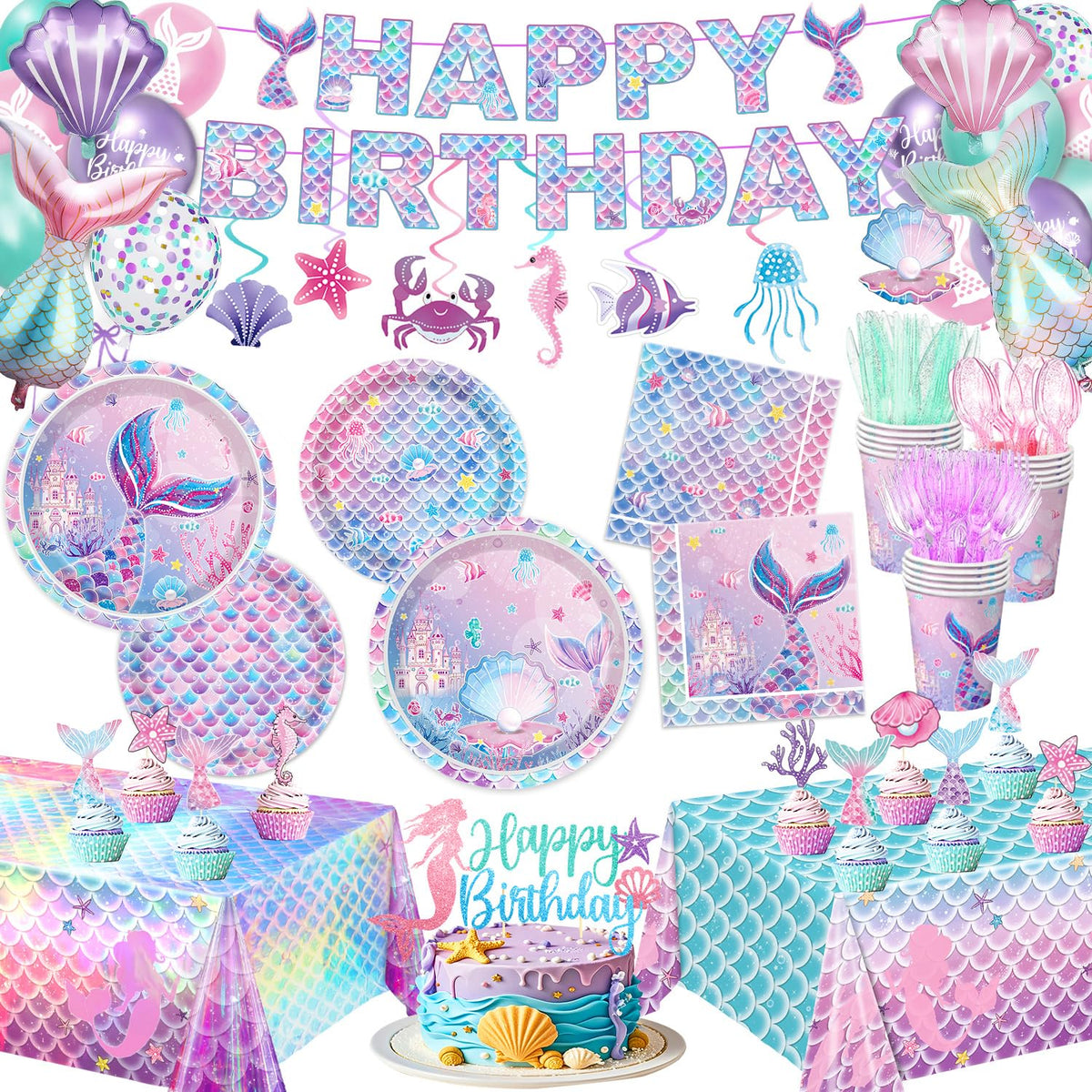 NKPDAXM mermaid birthday plates feature ocean-inspired patterns for a cohesive tablescape.
