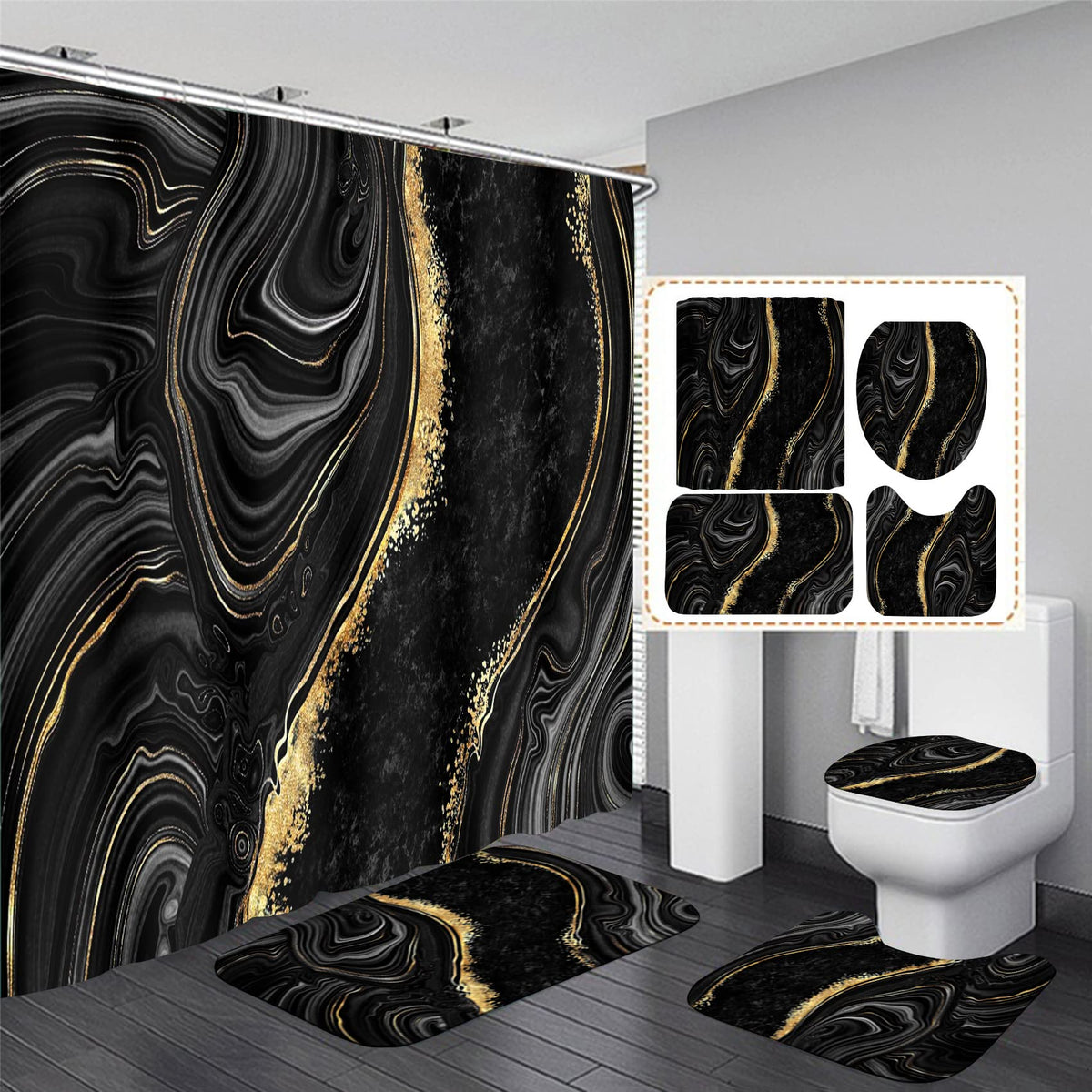 Nkzply black marble shower curtain with quick-dry waterproof fabric