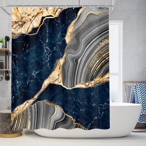 Nkzply blue marble curtain closeup shows vivid colors and crisp patterns for a modern bath.