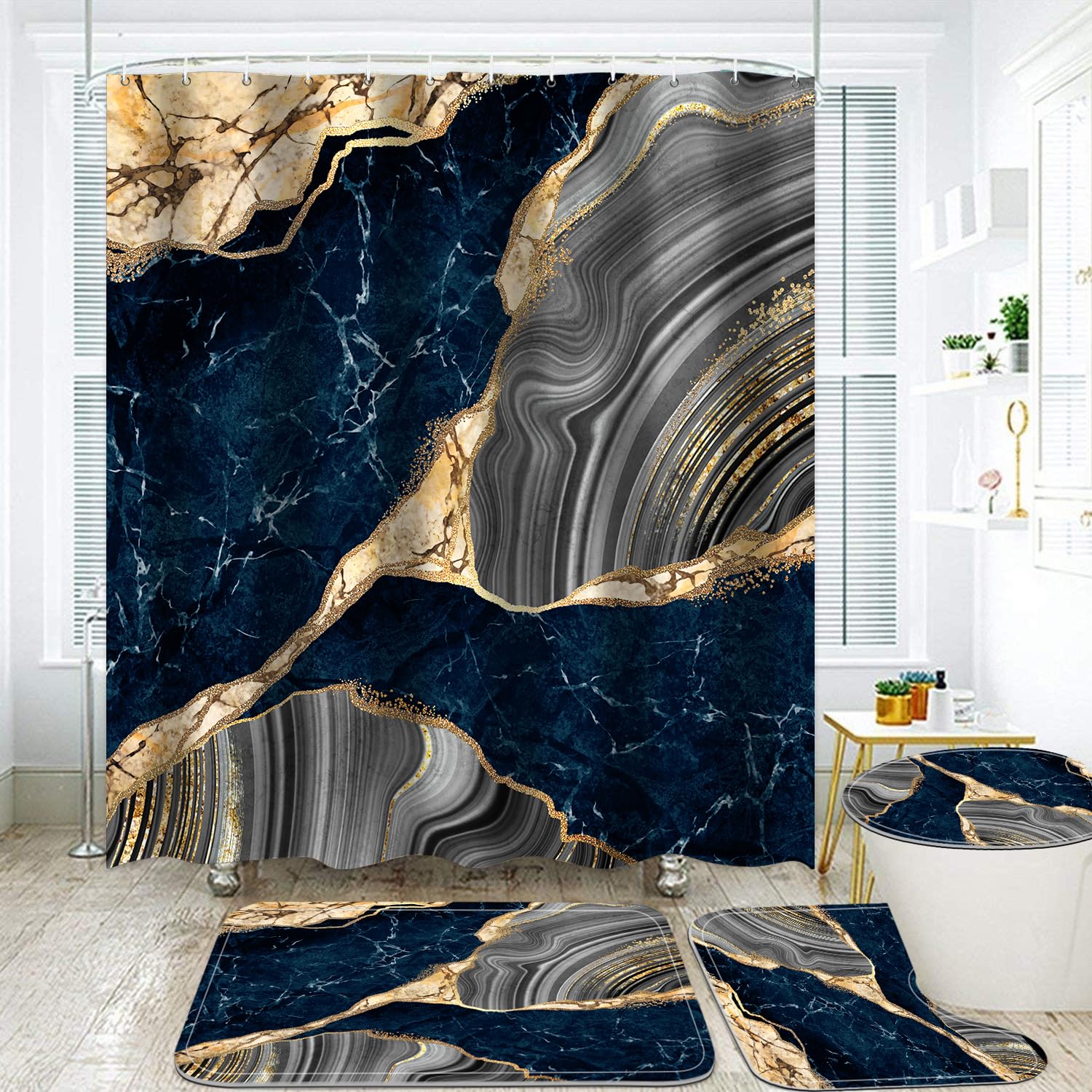 Nkzply blue marble curtain drape demonstrates even weight for a smooth hang.