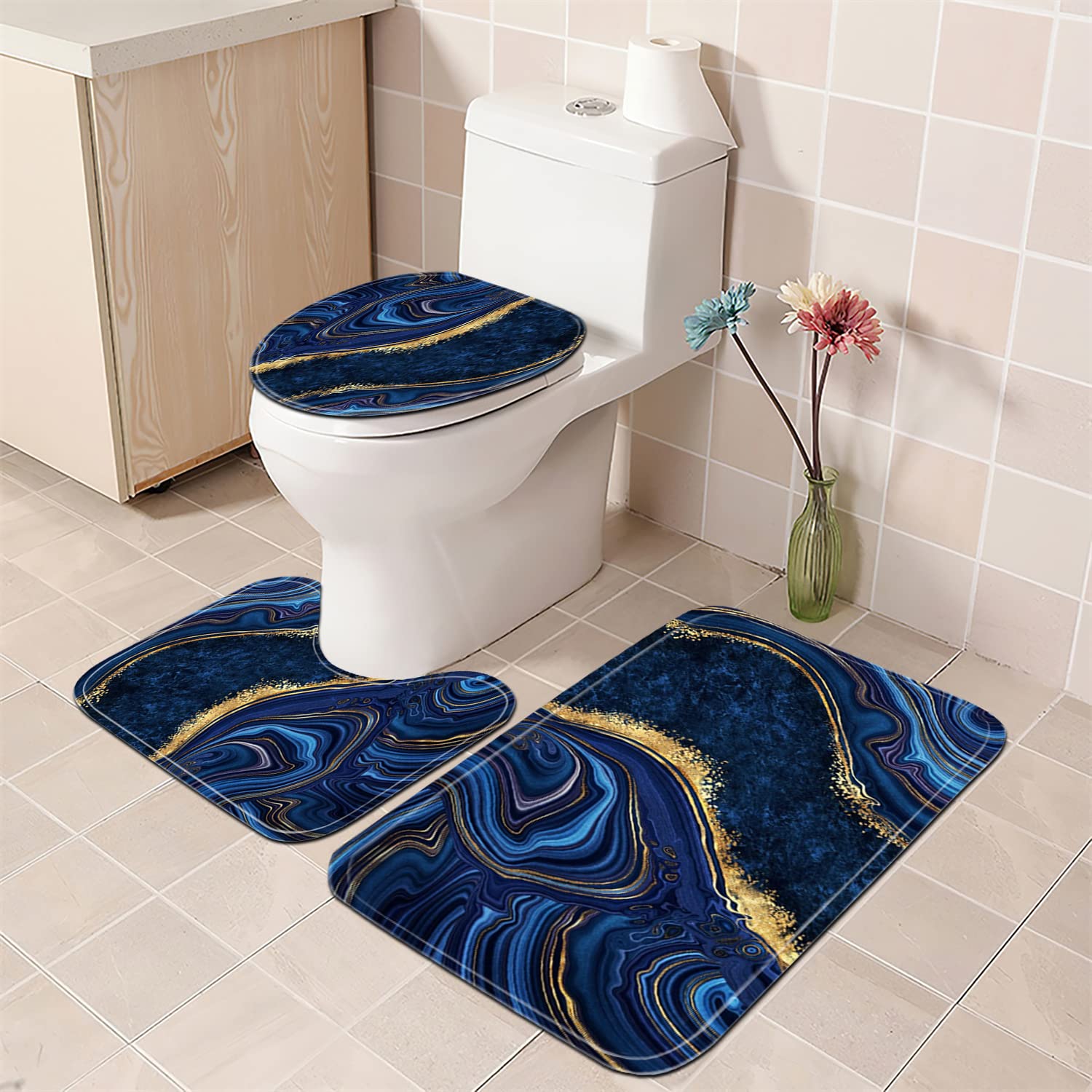 Nkzply blue marble U-shaped rug for toilet area