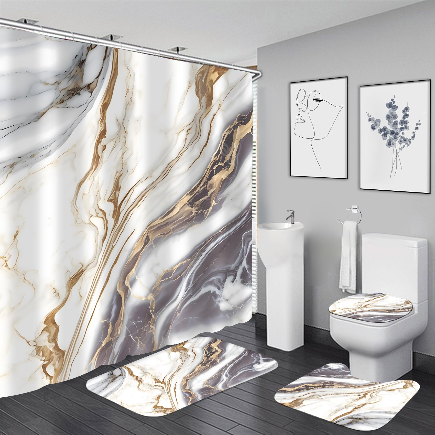 Nkzply white marble shower curtain pattern detail showing vibrant colors and fade resistance