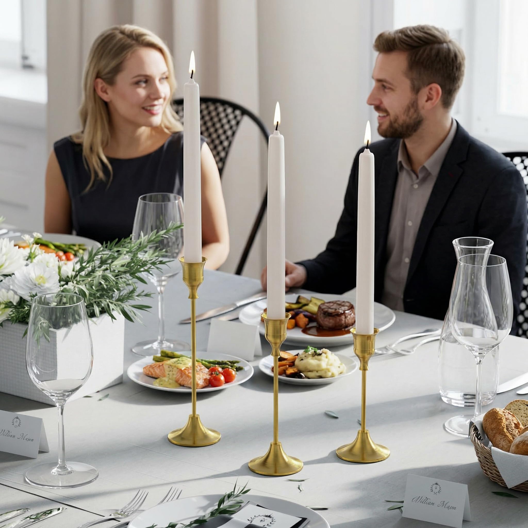 NLBTW brass candle holders serve as elegant dining table centerpieces for gatherings.