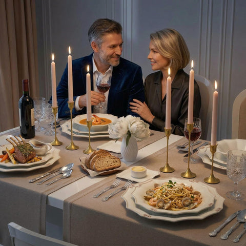 NLBTW brass candlesticks with taper-height variety create warm, layered candlelight.