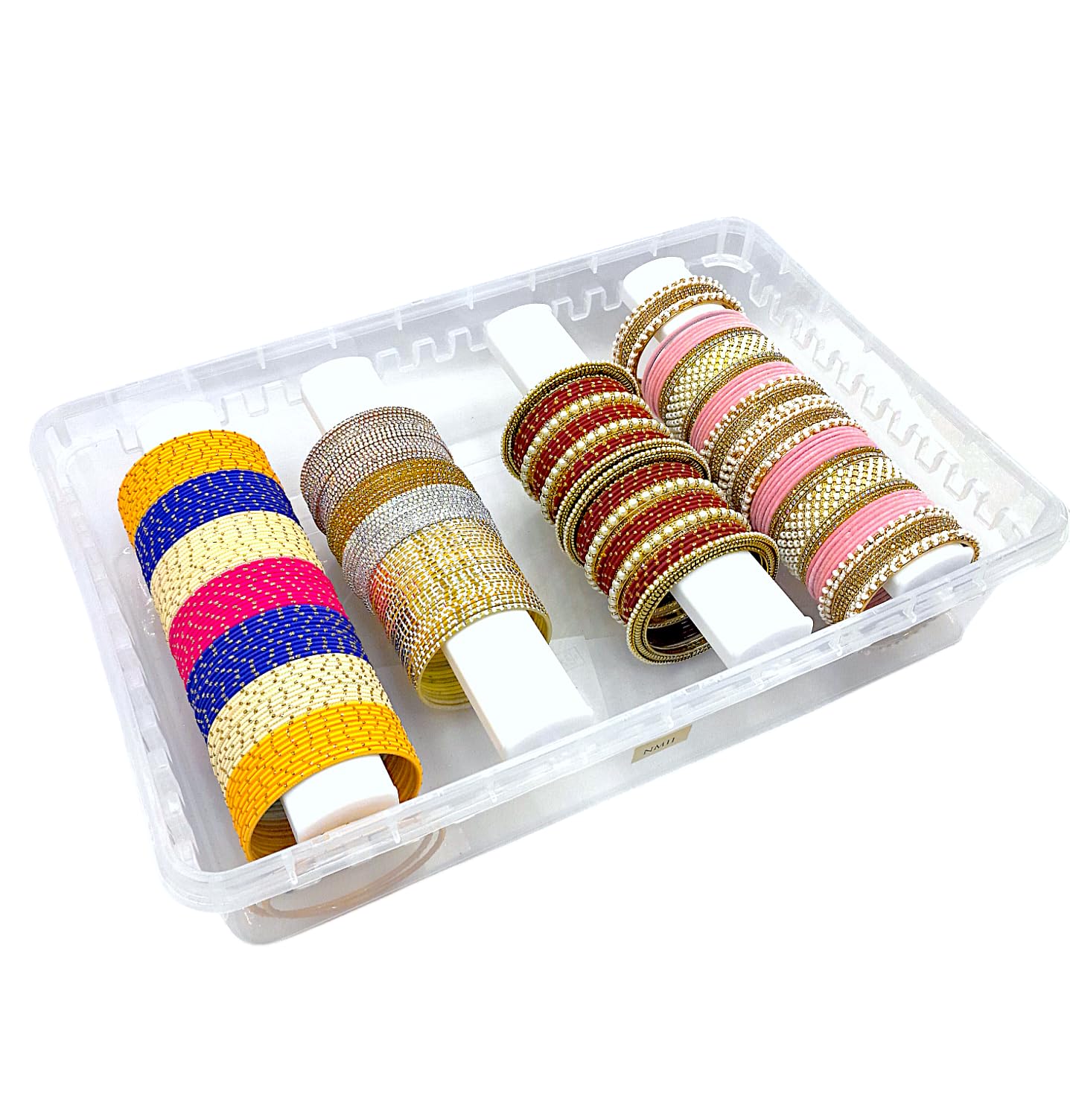 NMII adjustable four-rod storage box with transparent body for easy item visibility.