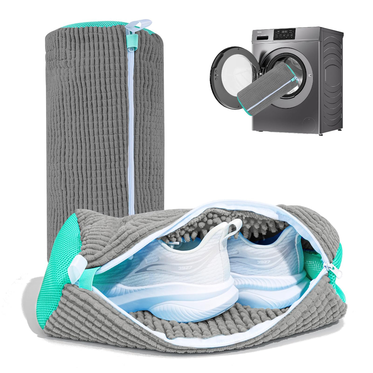 NMQHPA shoe washing bag front view highlights gentle 360° cleaning for sneakers.