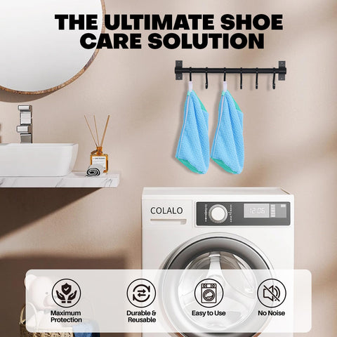 NMQHPA shoe washing bag in-use with sneakers demonstrates hands-free wash.