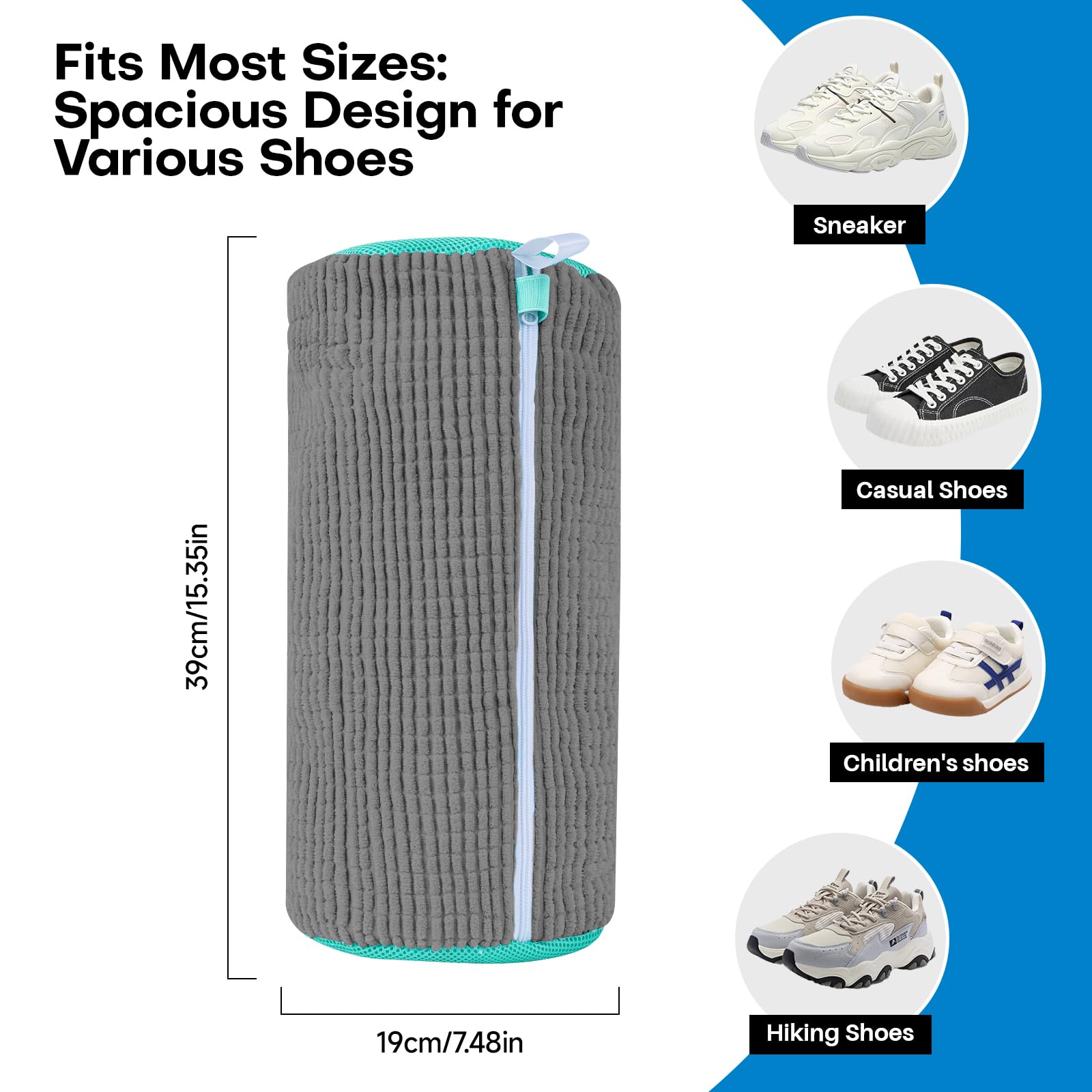 NMQHPA bag in washer demonstrates hands-free operation with sneakers.