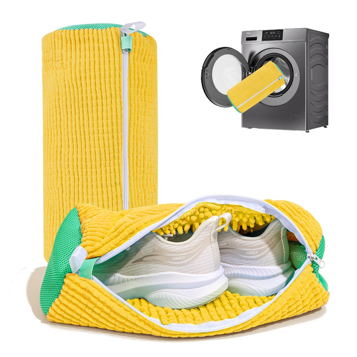 NMQHPA shoe washing bag in yellow front view for gentle sneaker cleaning.