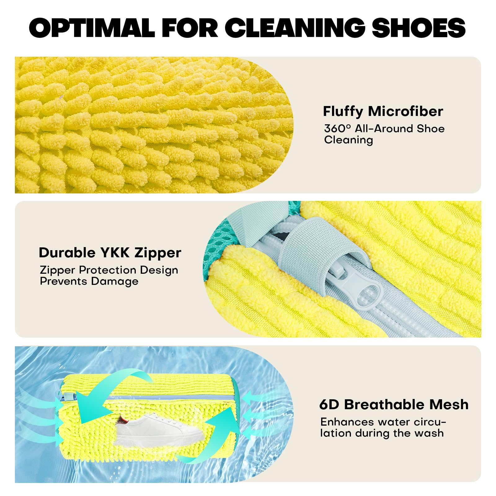 NMQHPA yellow bag interior shows chenille microfiber fibers for deep cleaning.