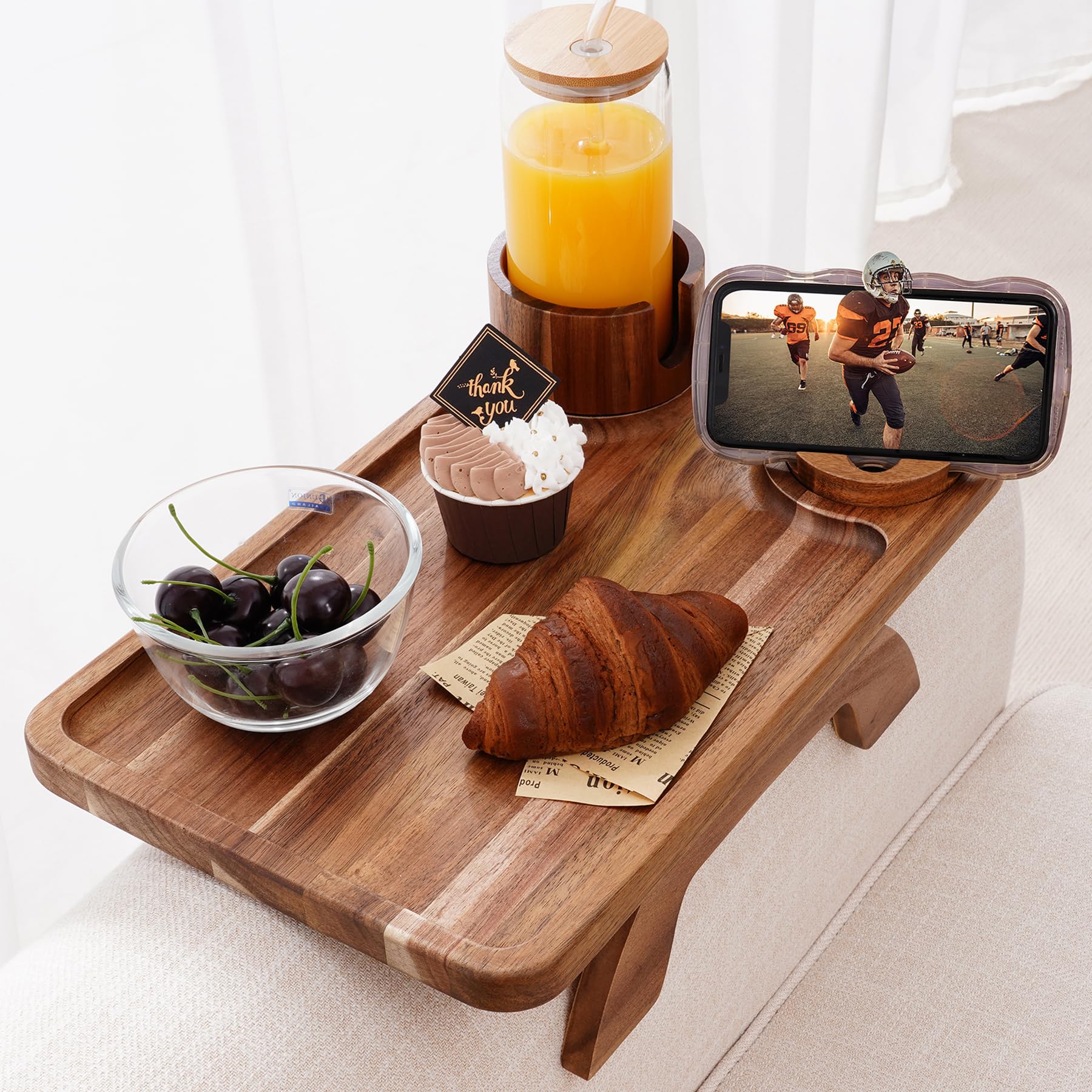 Nnewvante couch cup holder tray on acacia wood for convenient drinks on the sofa
