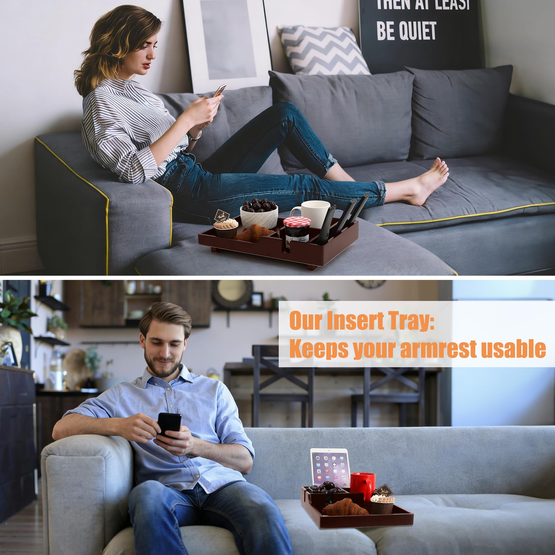 Nnewvante couch tray with 4 compartments organizes remotes and small devices.