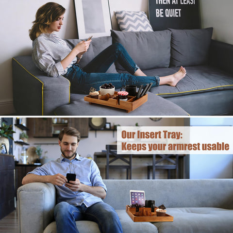 Nnewvante couch tray with four compartments keeps remotes and snacks organized.