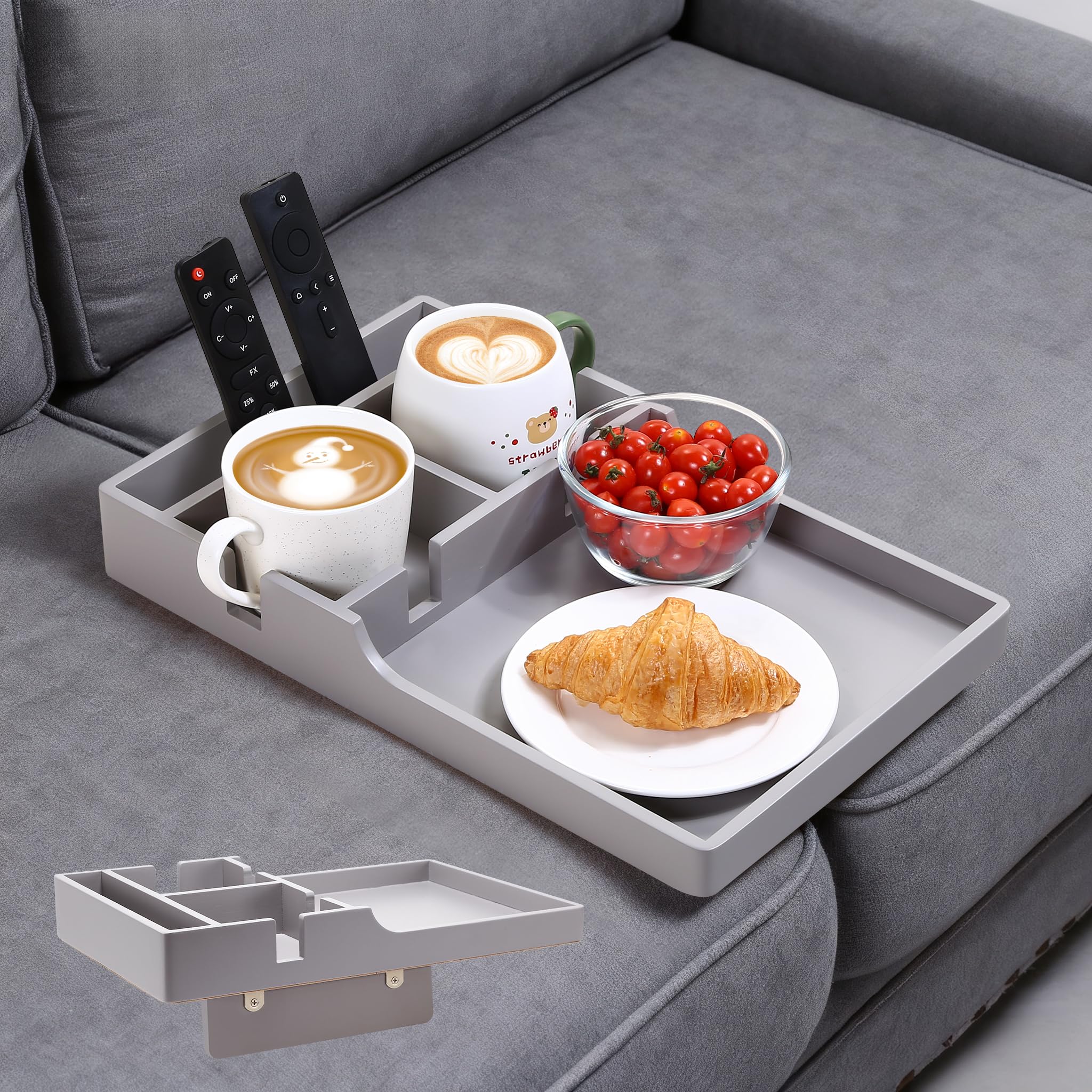 Nnewvante couch tray between cushions offers a stable surface for snacks.