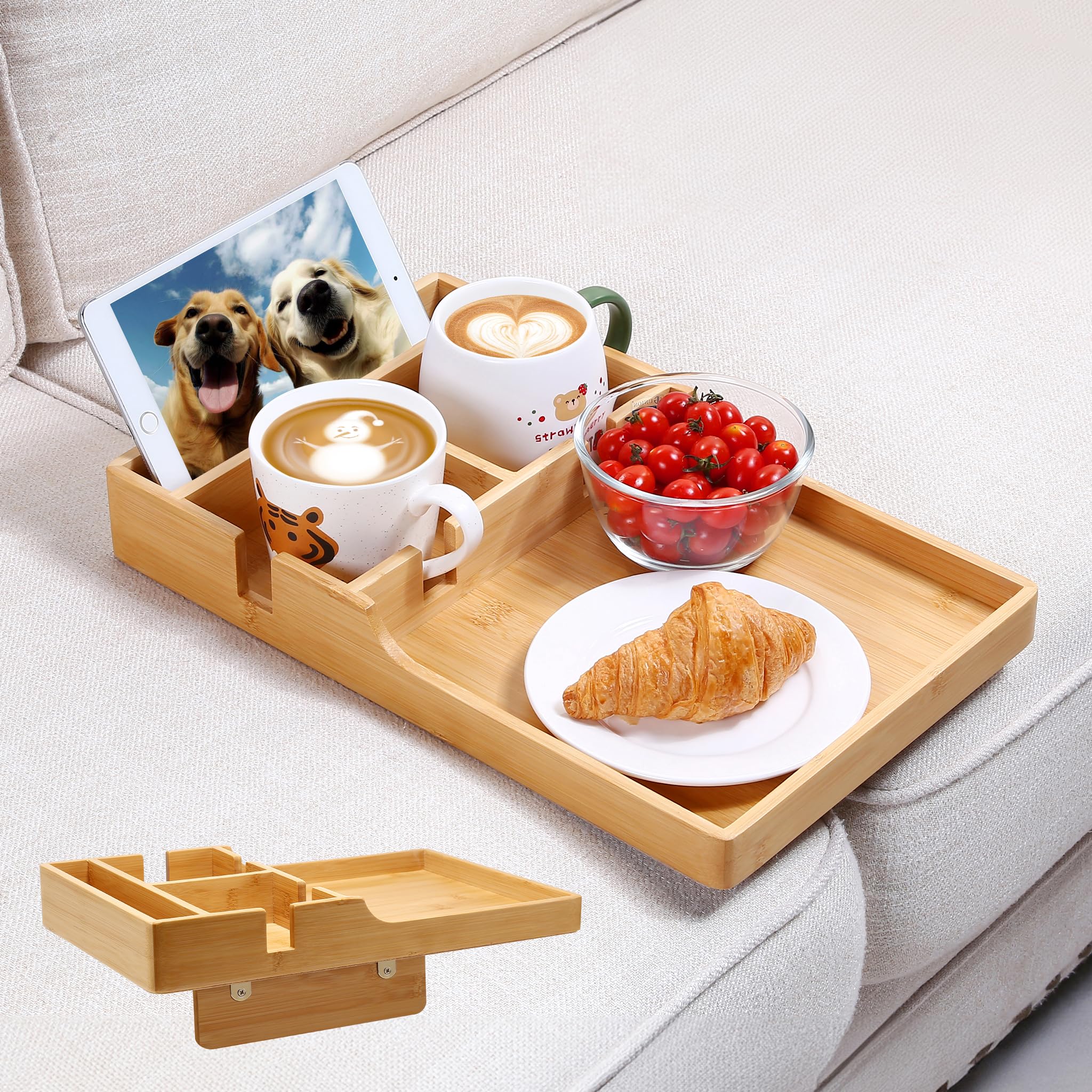 Nnewvante couch tray inserted between sofa gaps for a steady surface and easy remote access.