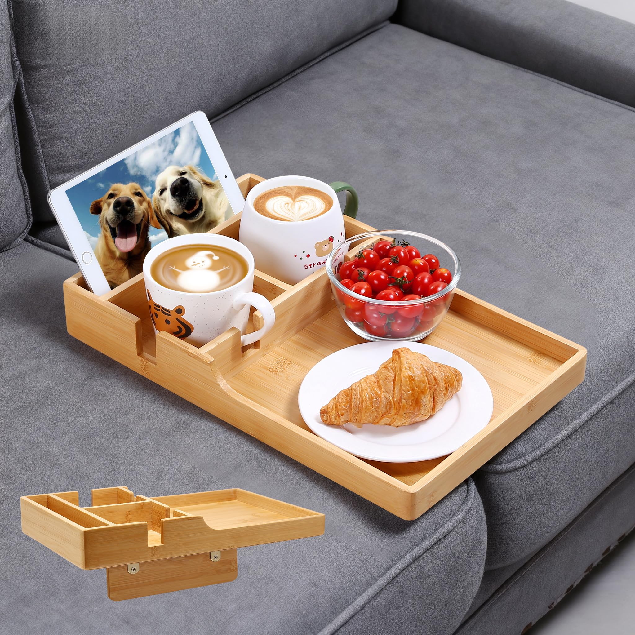 Nnewvante couch tray measures 15.35x9.84 inches to fit most sofas.
