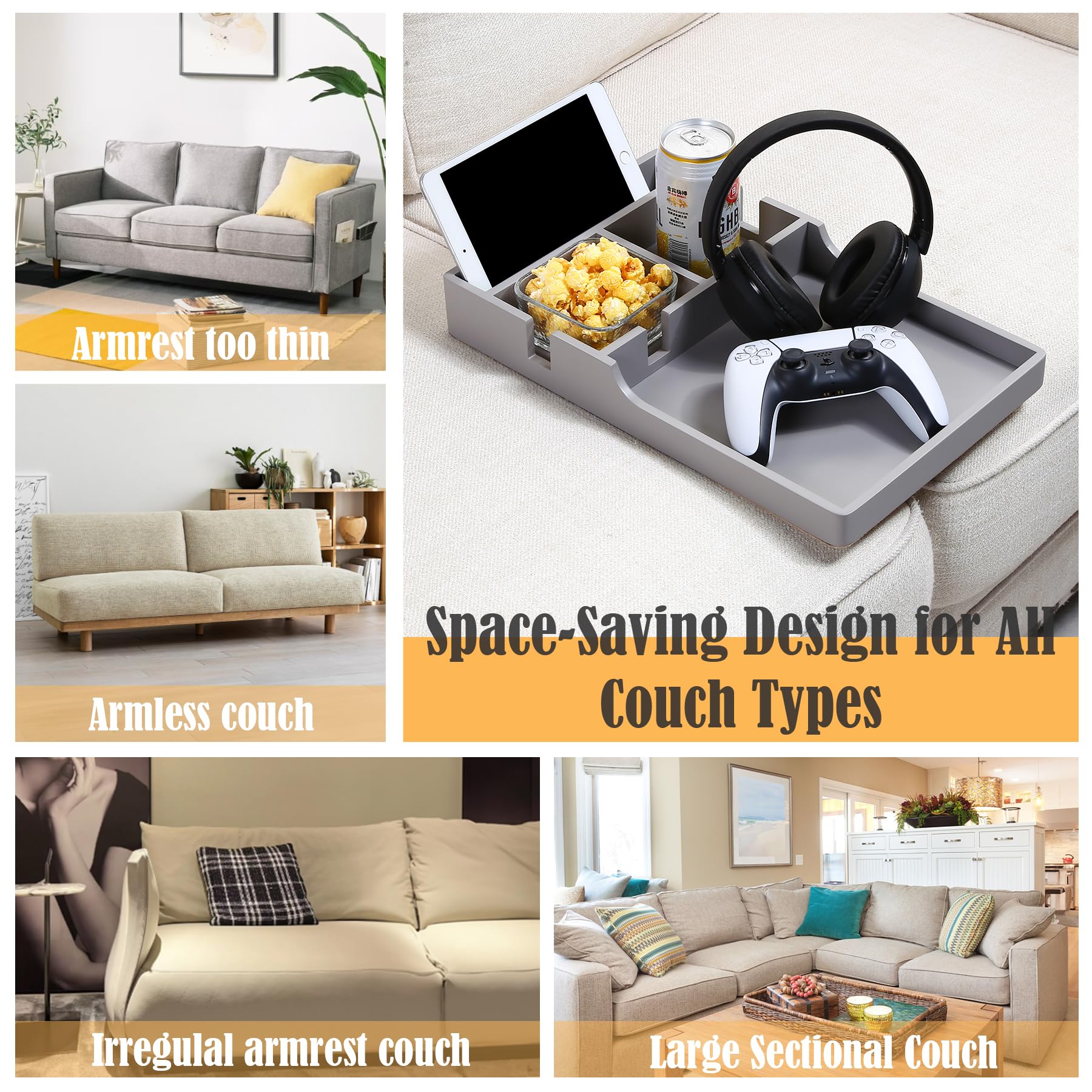 Nnewvante couch tray holds drinks and snacks during movie night.