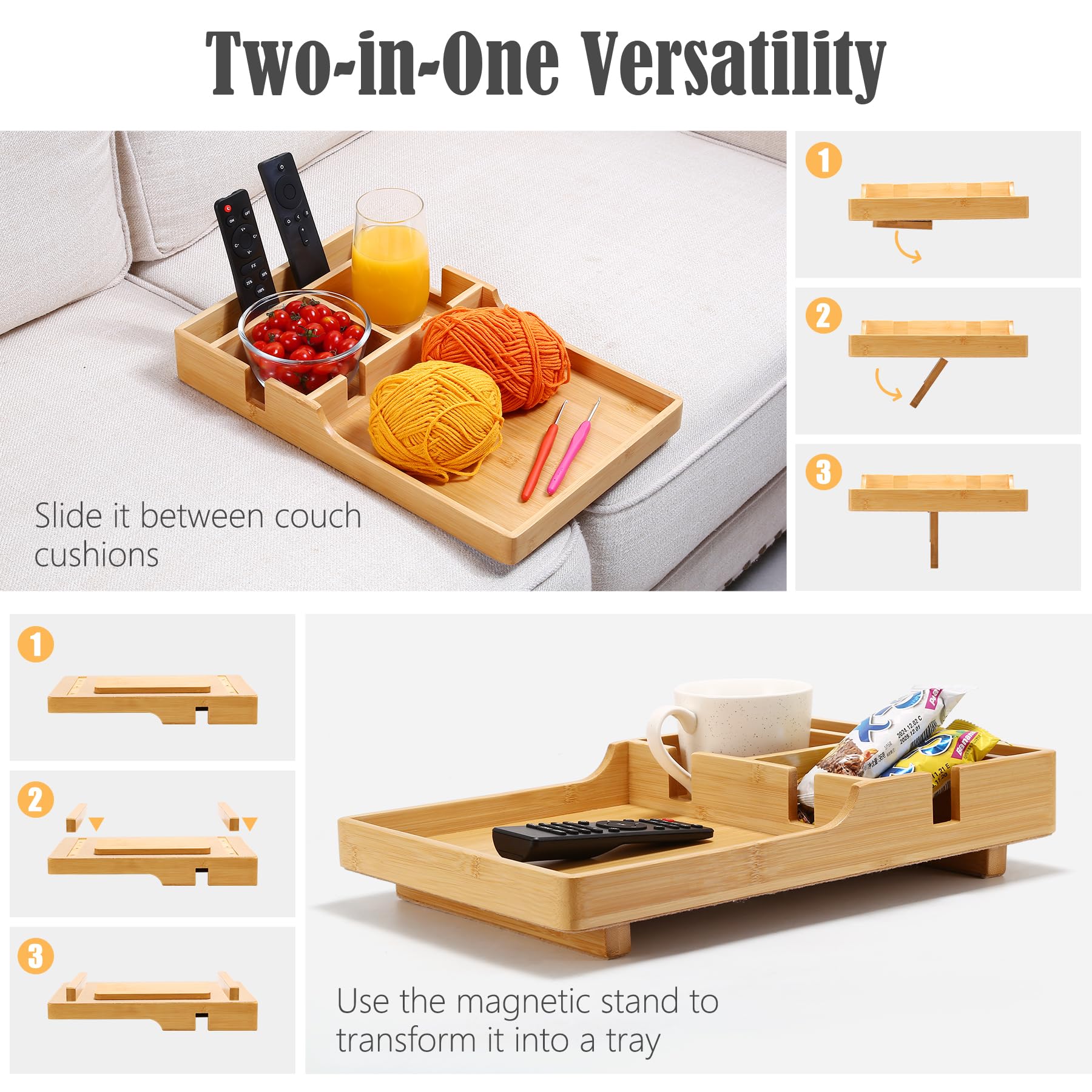 Nnewvante couch tray laid flat on ottoman creating instant table space.