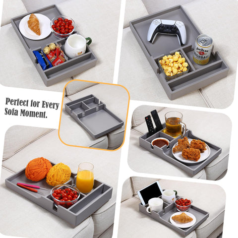 Nnewvante couch tray four-compartment layout helps organize remotes and mugs.