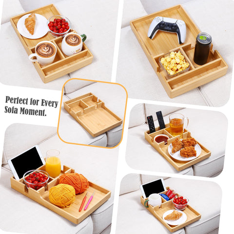 Nnewvante couch tray with four compartments keeps remotes, cups, snacks neatly organized.