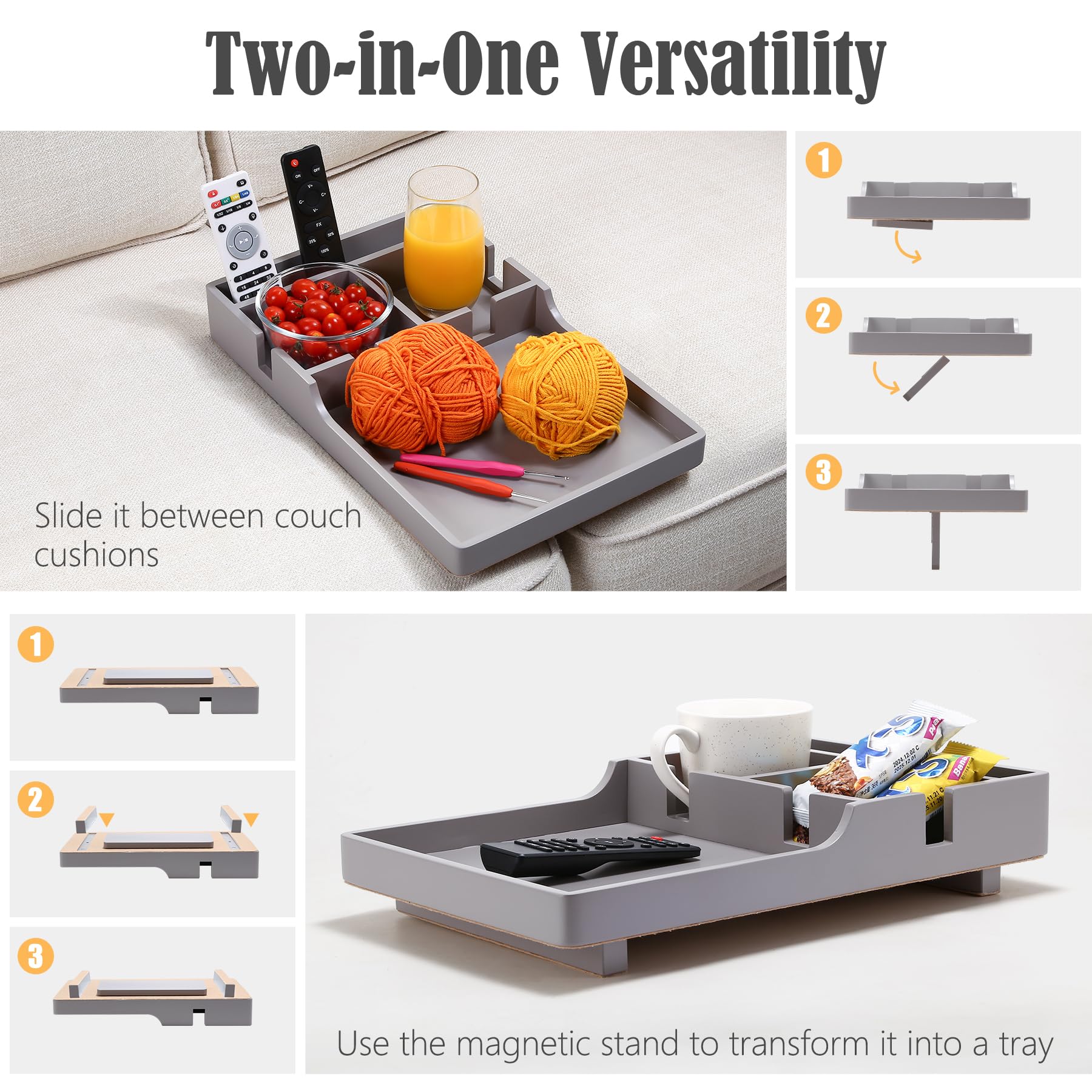 Nnewvante couch tray inserted between sofa gaps creates a convenient mini table.