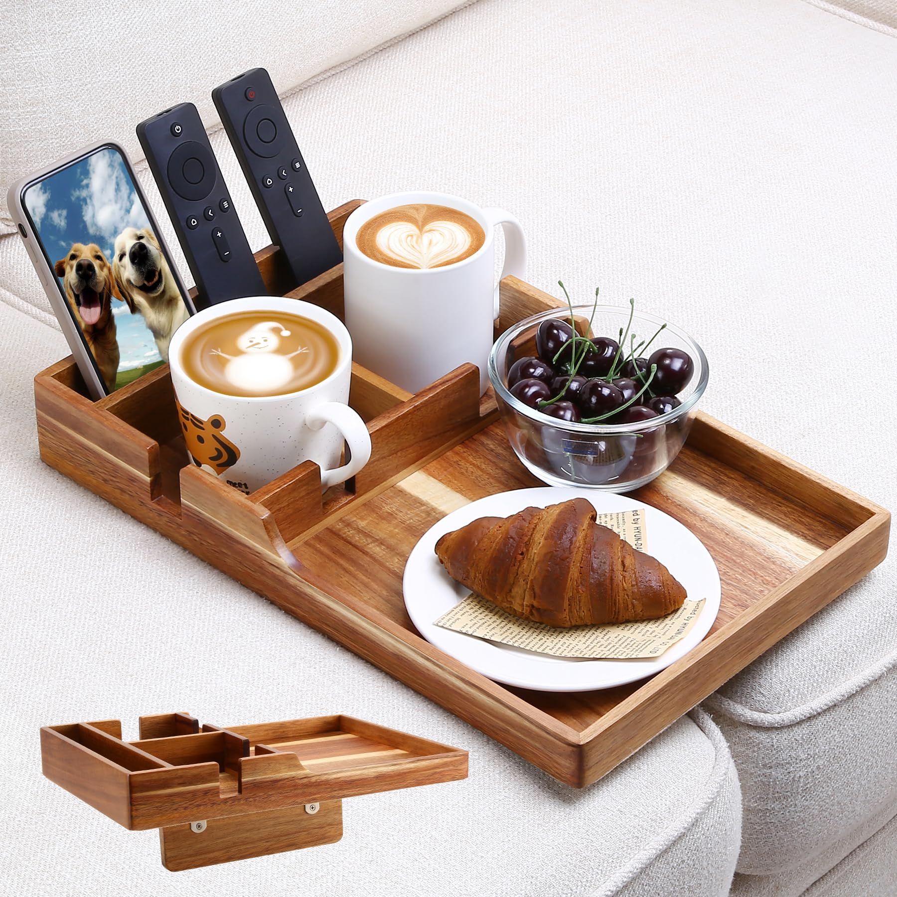 Nnewvante couch tray insert with cup holder provides a sturdy surface for drinks.