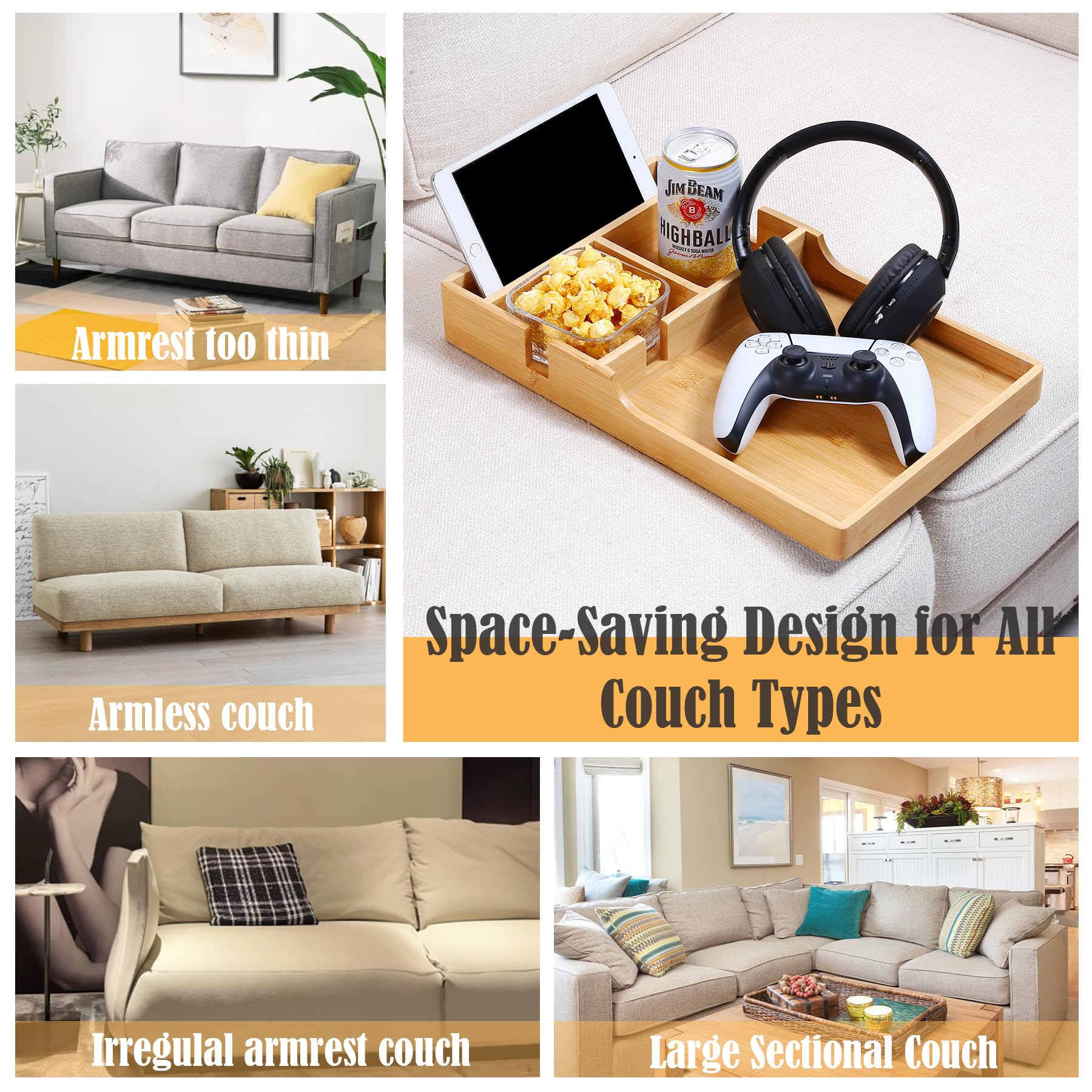 Nnewvante couch tray offers two cup holders for secure drinks on any surface.