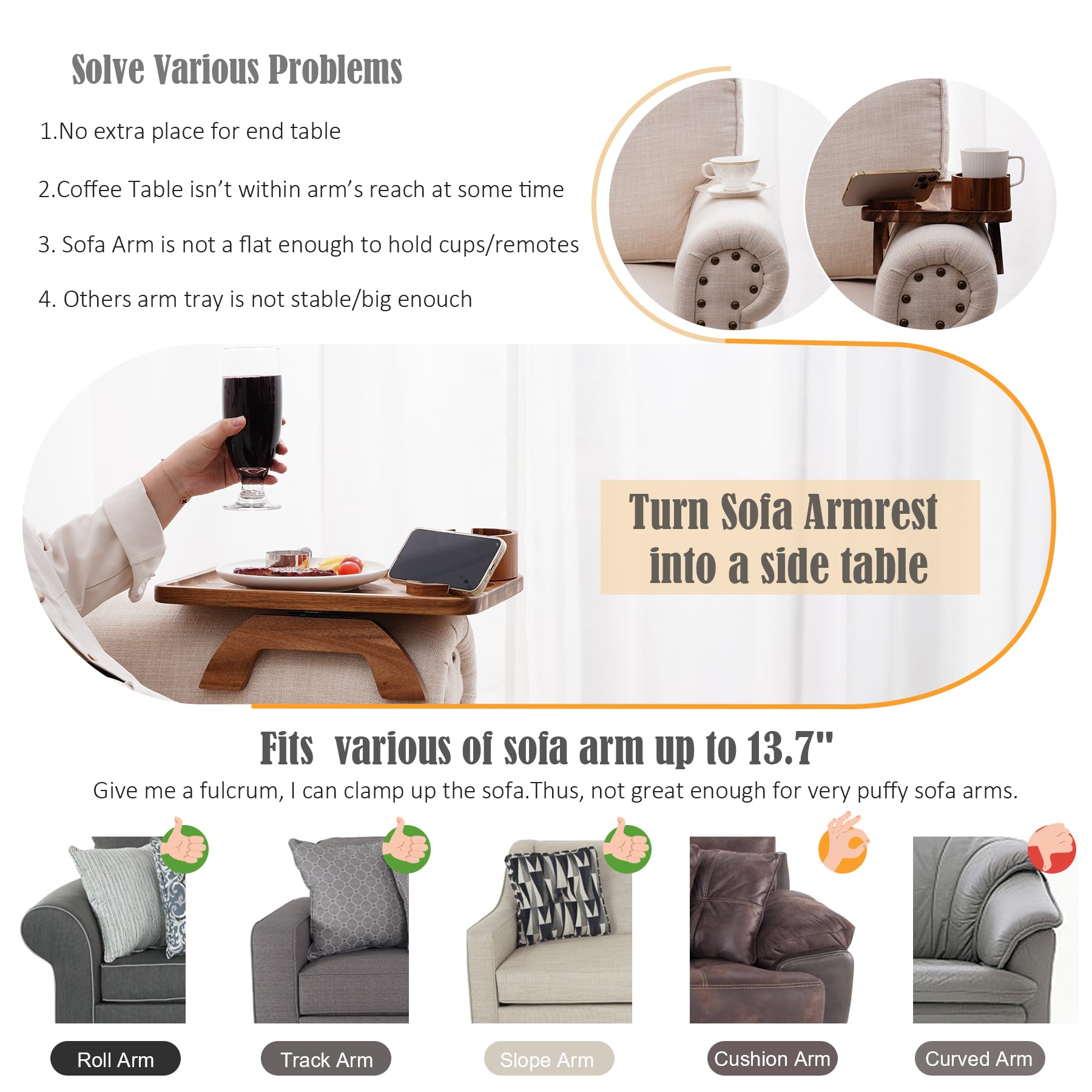 Nnewvante wide sofa arm tray 15.36 by 9.85 inches adds stable surface