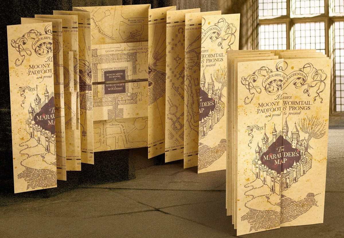 The Noble Collection Marauder's Map open view shows full parchment detail for display.